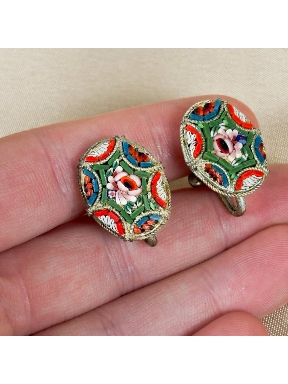 Vintage Italian Micro Mosaic Screwback Earrings Silver Tone Signed Italy B42